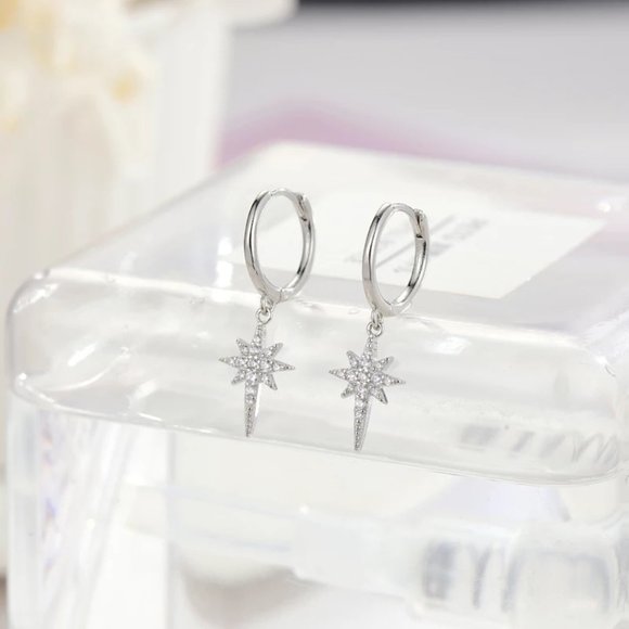 14k Gold Star Diamonds Huggie Hoop Earrings Sterling Silver - Picture 2 of 9